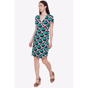 Ava Navy Green Pink Geometric Abstract Print Jersey Wrap Dress XS NEW